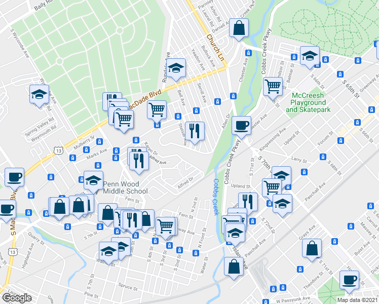 map of restaurants, bars, coffee shops, grocery stores, and more near 1133 Allen Drive in Yeadon