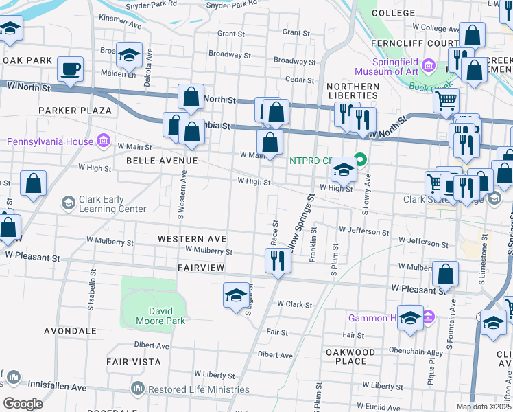 map of restaurants, bars, coffee shops, grocery stores, and more near 137 South Light Street in Springfield
