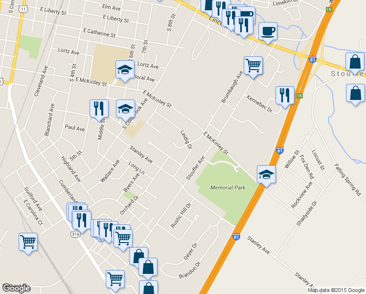 map of restaurants, bars, coffee shops, grocery stores, and more near 727 Orchard Court in Chambersburg