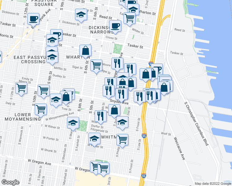 map of restaurants, bars, coffee shops, grocery stores, and more near 341 Emily Street in Philadelphia