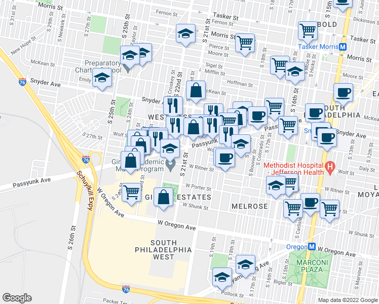 map of restaurants, bars, coffee shops, grocery stores, and more near 2309 South 21st Street in Philadelphia