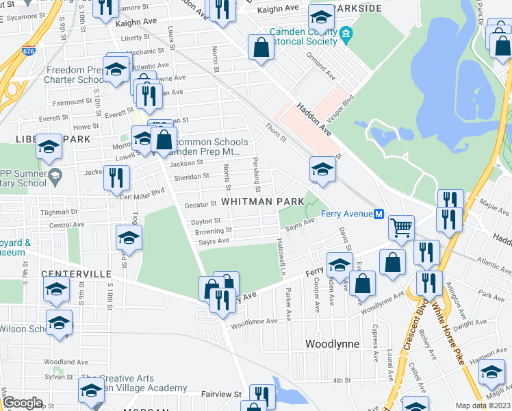 map of restaurants, bars, coffee shops, grocery stores, and more near 1771 Pershing Street in Camden