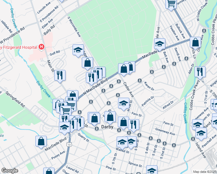 map of restaurants, bars, coffee shops, grocery stores, and more near 225 North 10th Street in Darby