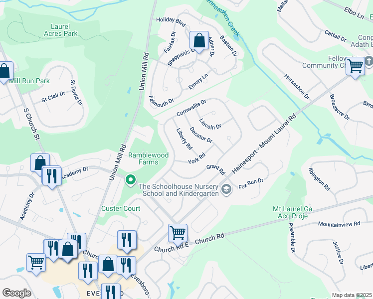 map of restaurants, bars, coffee shops, grocery stores, and more near 716 Liberty Road in Mount Laurel Township