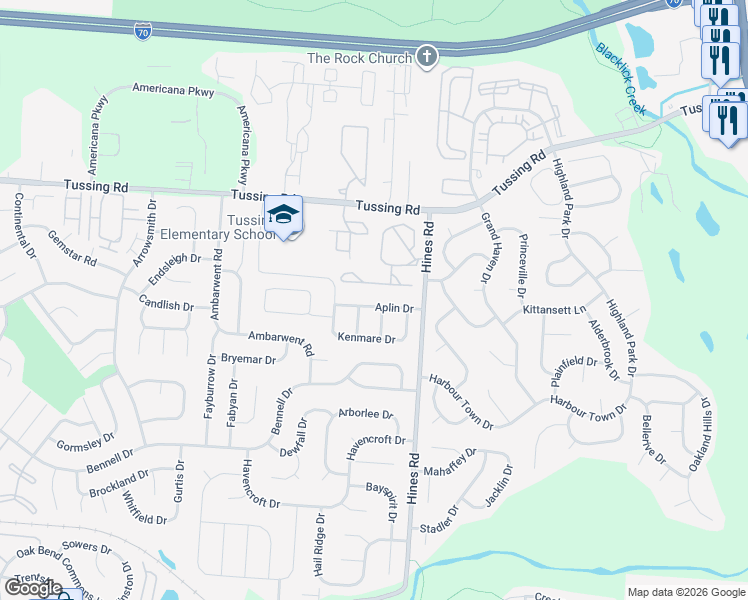 map of restaurants, bars, coffee shops, grocery stores, and more near 7288 Aplin Drive in Reynoldsburg