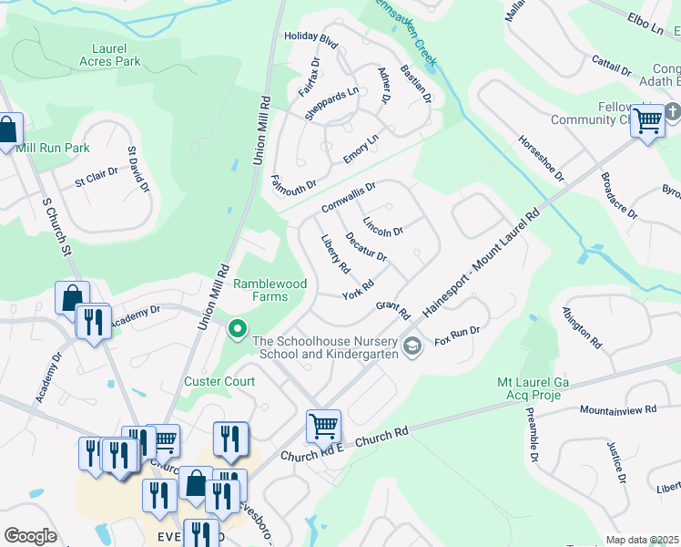 map of restaurants, bars, coffee shops, grocery stores, and more near 716 Liberty Road in Mount Laurel Township