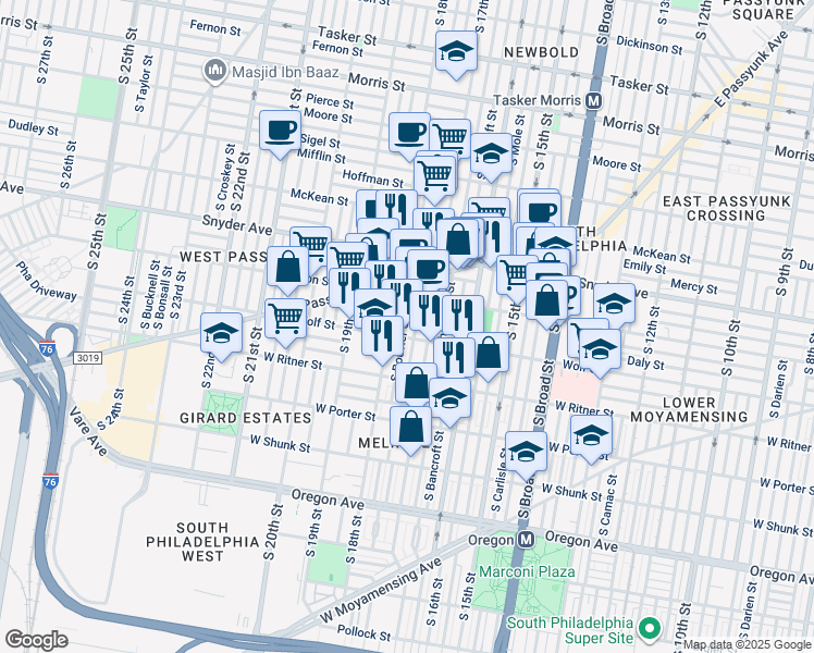 map of restaurants, bars, coffee shops, grocery stores, and more near 2235 S Bouvier St in Philadelphia