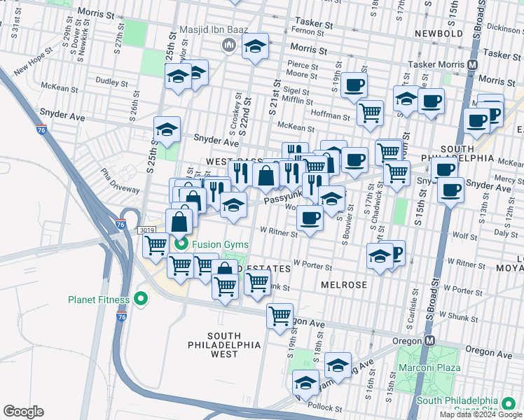 map of restaurants, bars, coffee shops, grocery stores, and more near 2309 South 21st Street in Philadelphia