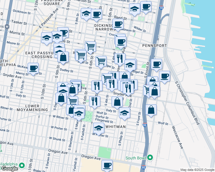 map of restaurants, bars, coffee shops, grocery stores, and more near 2016 South 4th Street in Philadelphia