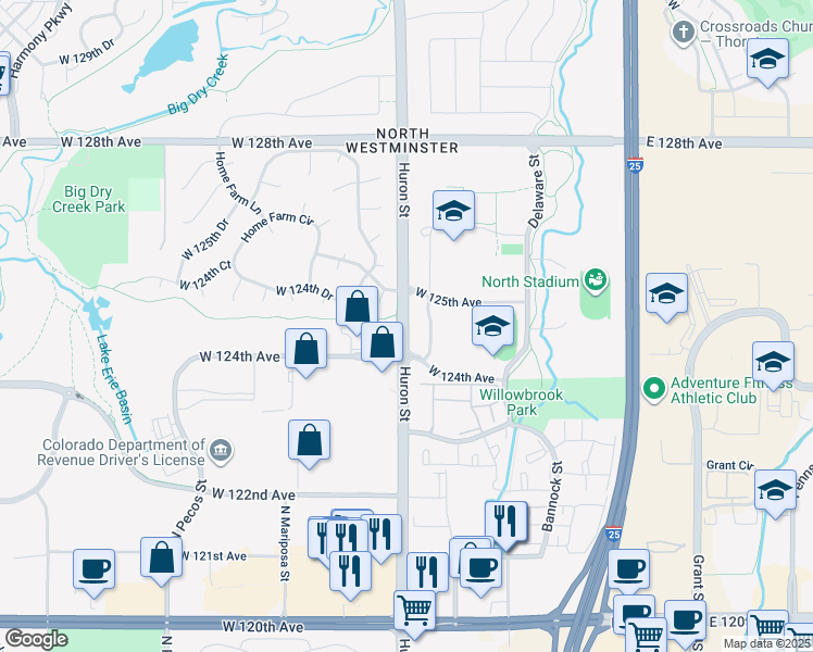 map of restaurants, bars, coffee shops, grocery stores, and more near 12500 Huron Street in Denver