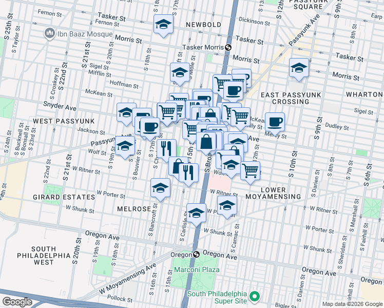map of restaurants, bars, coffee shops, grocery stores, and more near 2213 South 15th Street in Philadelphia