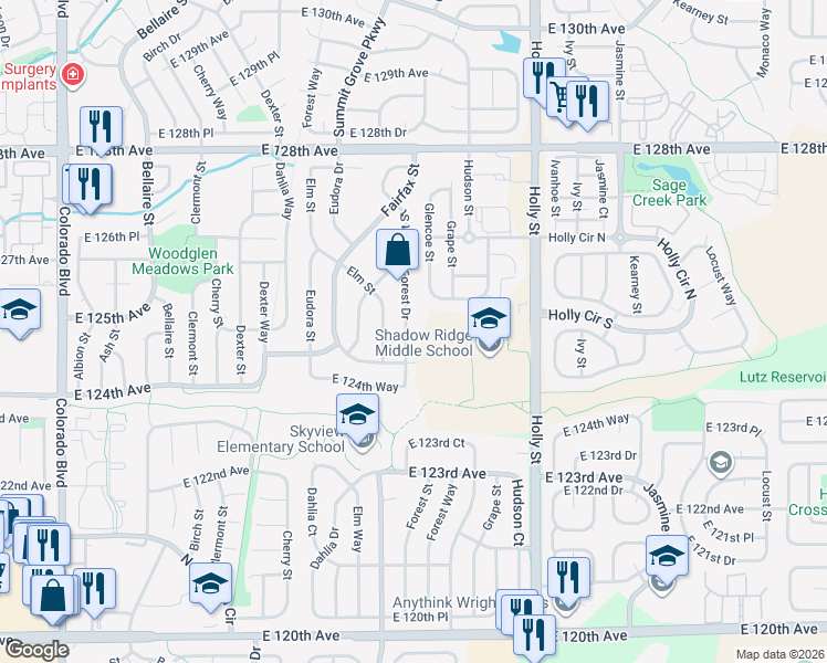 map of restaurants, bars, coffee shops, grocery stores, and more near 12524 Forest Drive in Thornton
