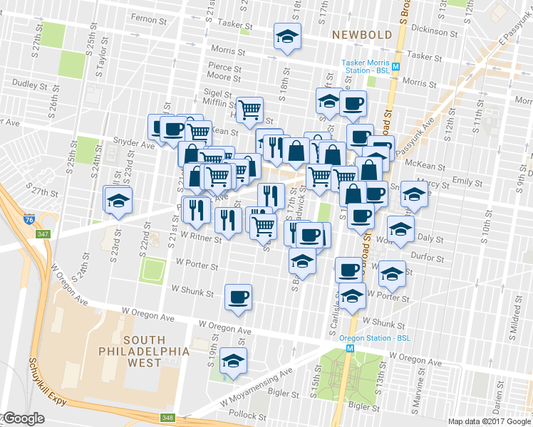 map of restaurants, bars, coffee shops, grocery stores, and more near 2243 South 18th Street in Philadelphia