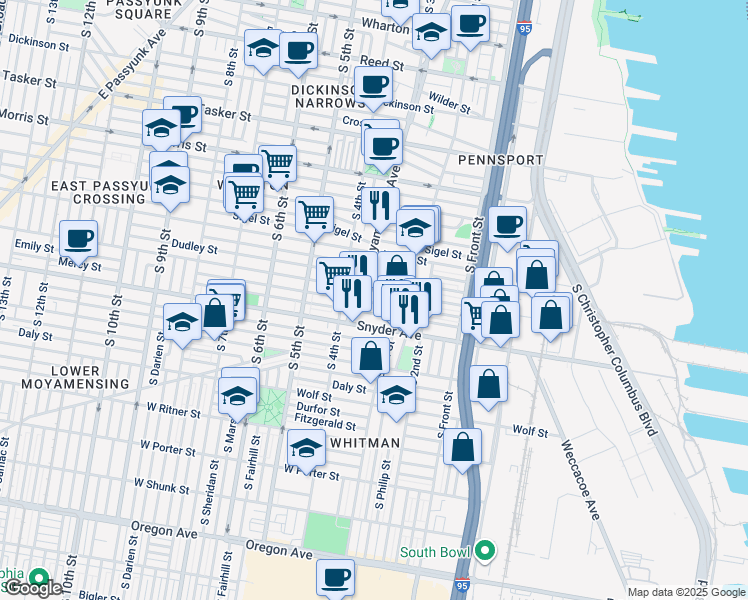 map of restaurants, bars, coffee shops, grocery stores, and more near 345 Emily Street in Philadelphia