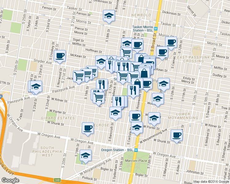 map of restaurants, bars, coffee shops, grocery stores, and more near 2229 South Chadwick Street in Philadelphia
