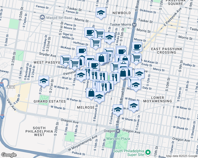 map of restaurants, bars, coffee shops, grocery stores, and more near 2229 South Chadwick Street in Philadelphia
