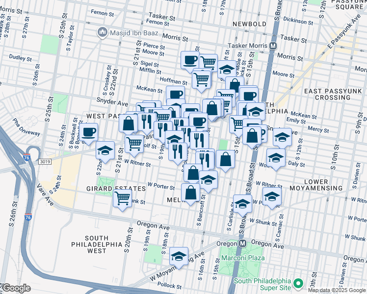 map of restaurants, bars, coffee shops, grocery stores, and more near 2243 South 18th Street in Philadelphia