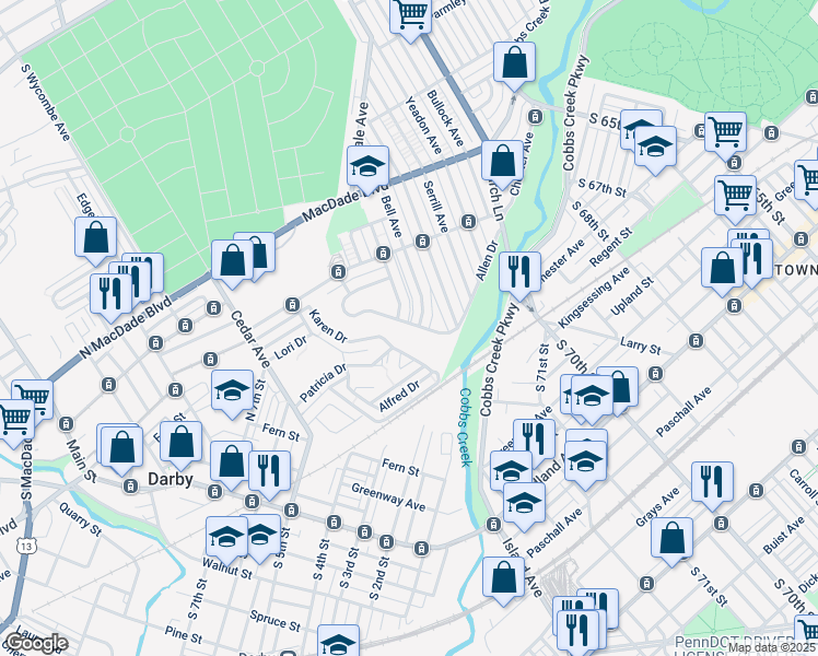 map of restaurants, bars, coffee shops, grocery stores, and more near 1133 Allen Drive in Yeadon