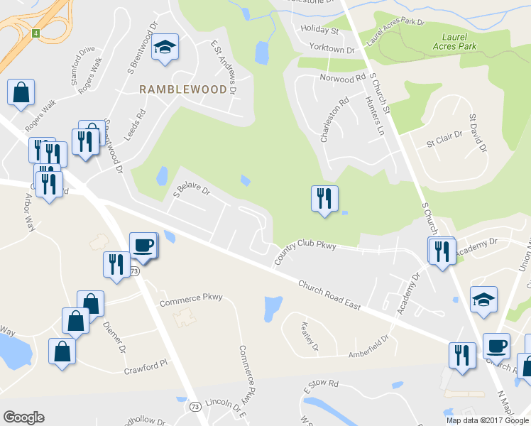 map of restaurants, bars, coffee shops, grocery stores, and more near 703 Augusta Circle in Mount Laurel Township