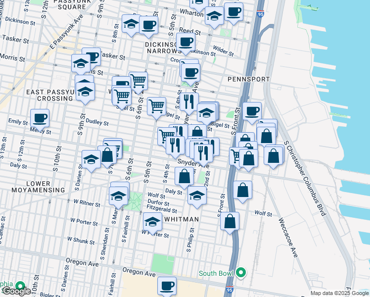 map of restaurants, bars, coffee shops, grocery stores, and more near 347 Emily Street in Philadelphia