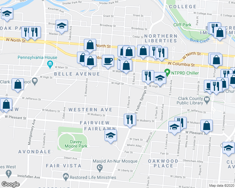 map of restaurants, bars, coffee shops, grocery stores, and more near 135 South Light Street in Springfield