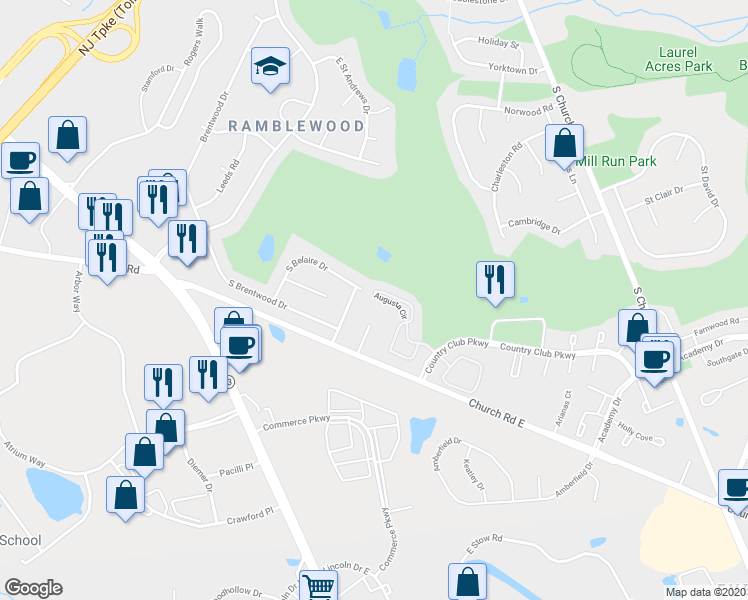 map of restaurants, bars, coffee shops, grocery stores, and more near 1203 Augusta Circle in Mount Laurel