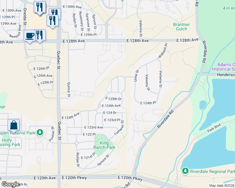 map of restaurants, bars, coffee shops, grocery stores, and more near 7909 East 125th Drive in Thornton