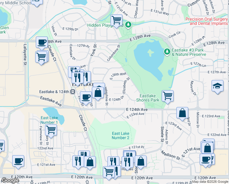 map of restaurants, bars, coffee shops, grocery stores, and more near 2449 East 124th Drive in Thornton