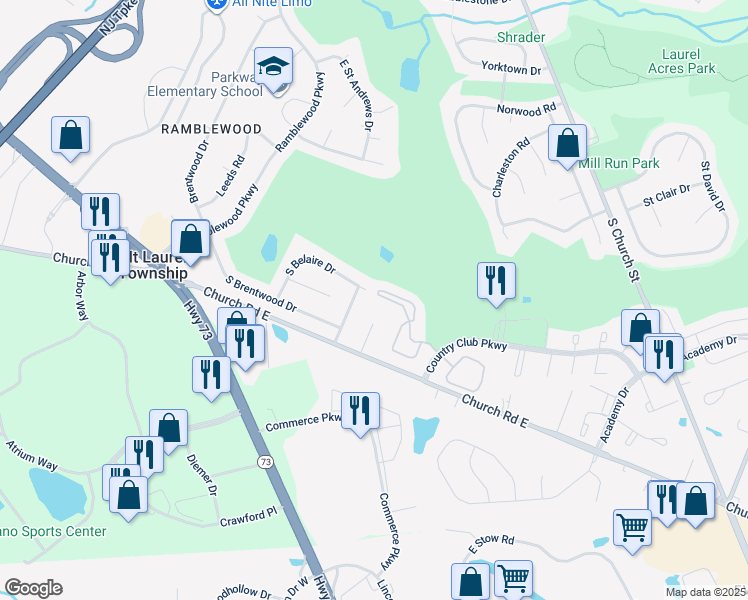 map of restaurants, bars, coffee shops, grocery stores, and more near 1203 Augusta Circle in Mount Laurel