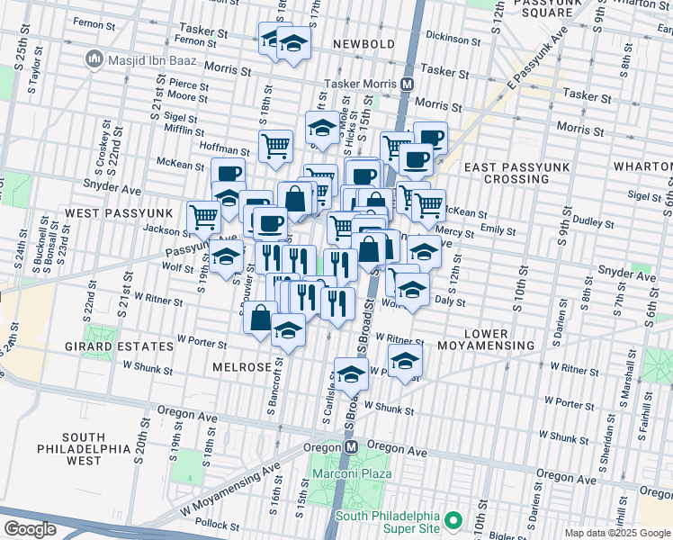 map of restaurants, bars, coffee shops, grocery stores, and more near 2242 South Hicks Street in Philadelphia