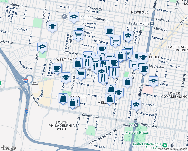 map of restaurants, bars, coffee shops, grocery stores, and more near 1902 Durfor Street in Philadelphia