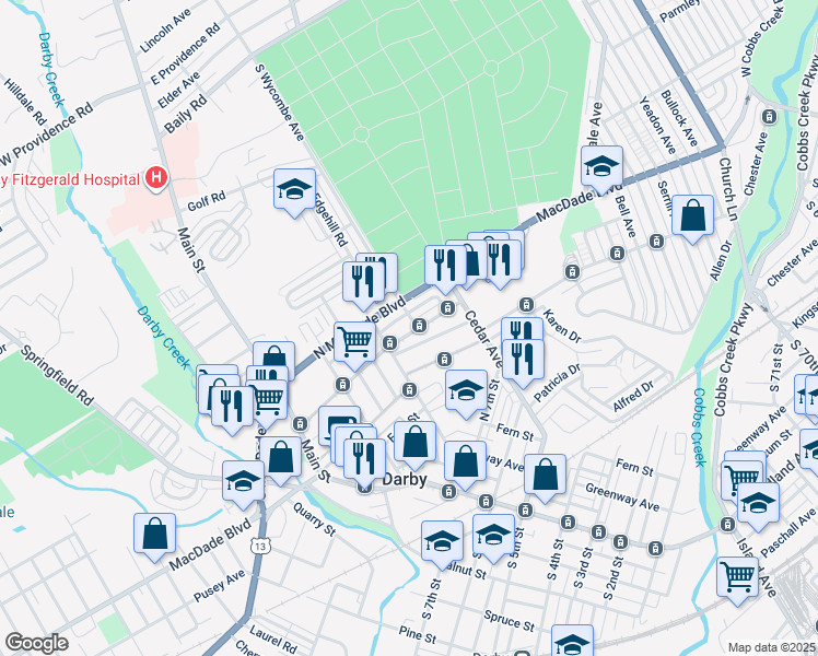 map of restaurants, bars, coffee shops, grocery stores, and more near 225 North 10th Street in Darby