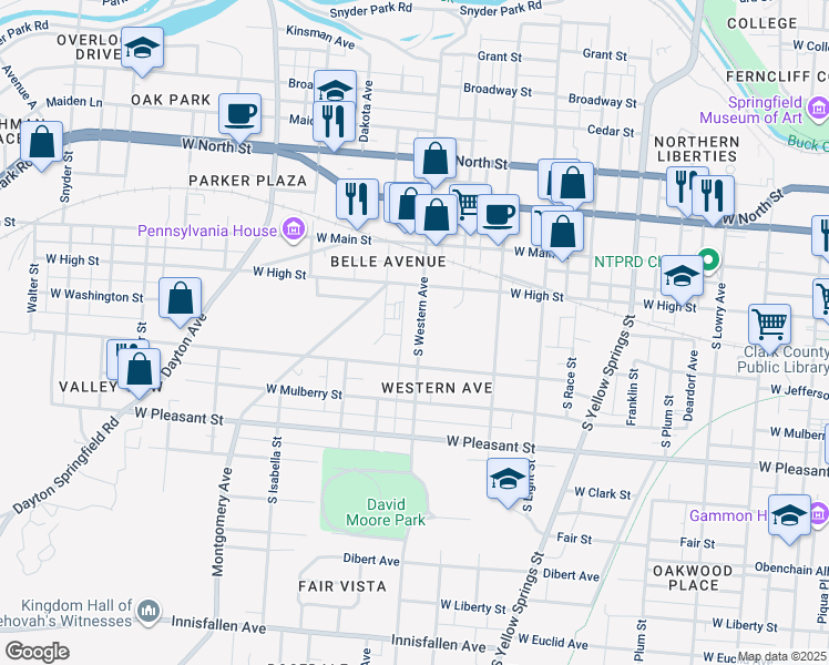 map of restaurants, bars, coffee shops, grocery stores, and more near South Western Avenue in Springfield