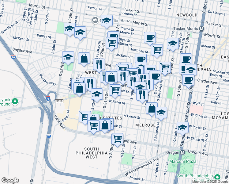 map of restaurants, bars, coffee shops, grocery stores, and more near 2307 South Lambert Street in Philadelphia