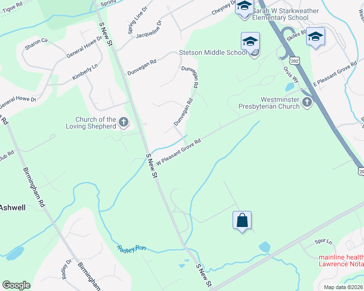 map of restaurants, bars, coffee shops, grocery stores, and more near 601 West Pleasant Grove Road in West Chester
