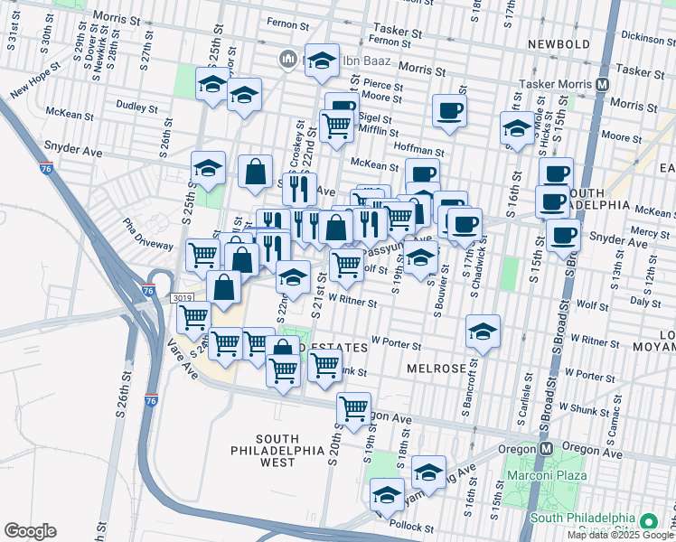 map of restaurants, bars, coffee shops, grocery stores, and more near 2325 South 21st Street in Philadelphia