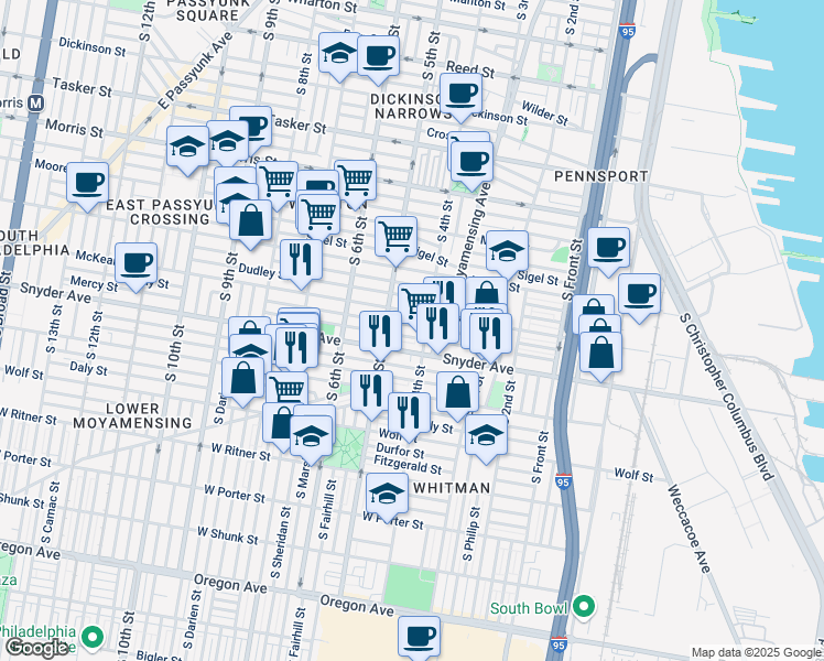map of restaurants, bars, coffee shops, grocery stores, and more near 418 Emily Street in Philadelphia