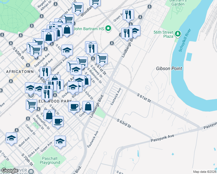 map of restaurants, bars, coffee shops, grocery stores, and more near 2904 South Robinson Street in Philadelphia