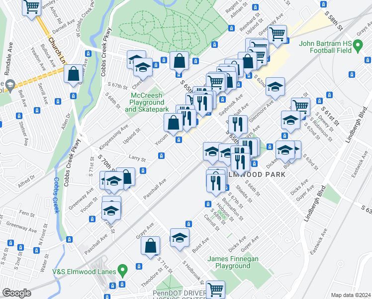 map of restaurants, bars, coffee shops, grocery stores, and more near 2230 S 67th St in Philadelphia