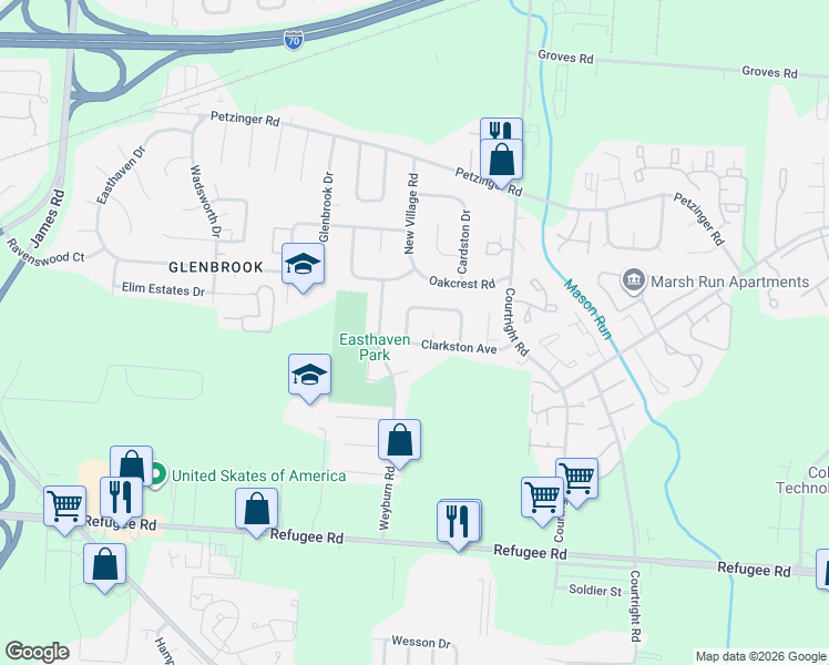 map of restaurants, bars, coffee shops, grocery stores, and more near 3379 Clarkston Avenue in Columbus