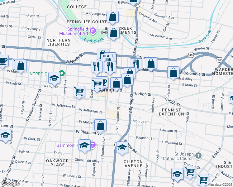map of restaurants, bars, coffee shops, grocery stores, and more near 24 East Washington Street in Springfield