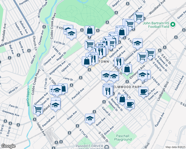 map of restaurants, bars, coffee shops, grocery stores, and more near 2230 S 67th St in Philadelphia
