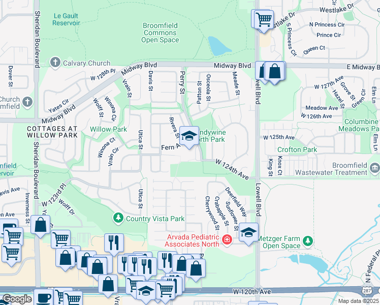 map of restaurants, bars, coffee shops, grocery stores, and more near 12401 Perry Street in Broomfield