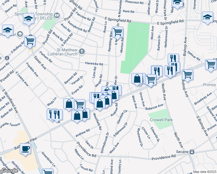 map of restaurants, bars, coffee shops, grocery stores, and more near 317 Rambling Way in Springfield