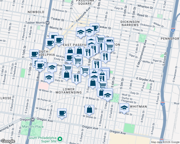 map of restaurants, bars, coffee shops, grocery stores, and more near 821 Winton Street in Philadelphia