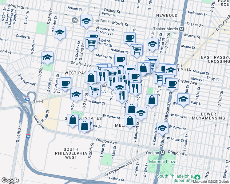 map of restaurants, bars, coffee shops, grocery stores, and more near 1841 Wolf Street in Philadelphia