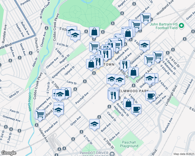 map of restaurants, bars, coffee shops, grocery stores, and more near 2228 South 67th Street in Philadelphia