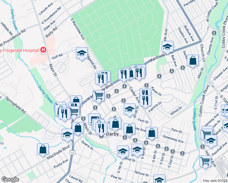 map of restaurants, bars, coffee shops, grocery stores, and more near 227 North 10th Street in Darby