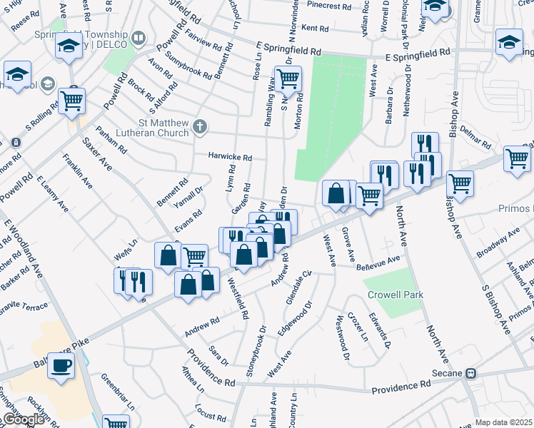 map of restaurants, bars, coffee shops, grocery stores, and more near 317 Rambling Way in Springfield
