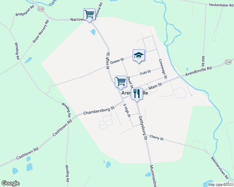 map of restaurants, bars, coffee shops, grocery stores, and more near 30 North High Street in Biglerville